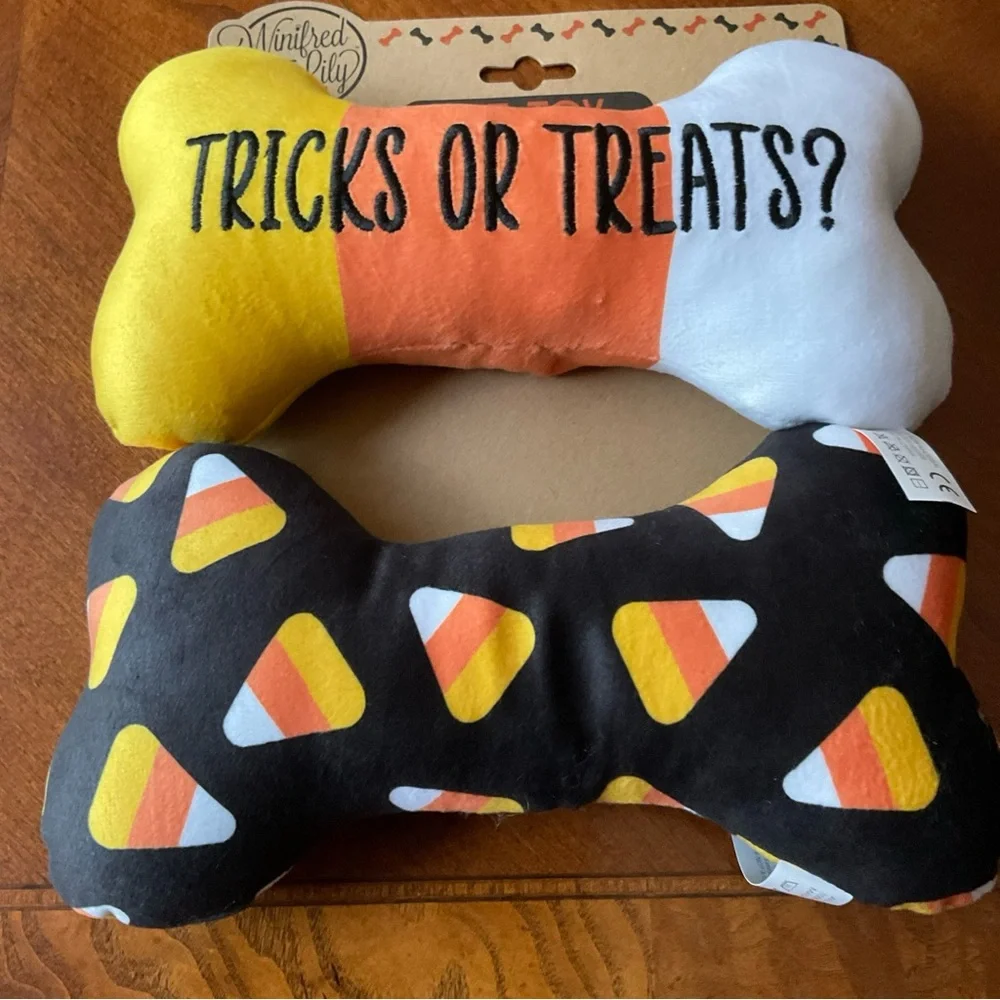 Halloween Dog Toys TRICKS OR TREATS & Candy corn Bones 8” squeaky set of 2